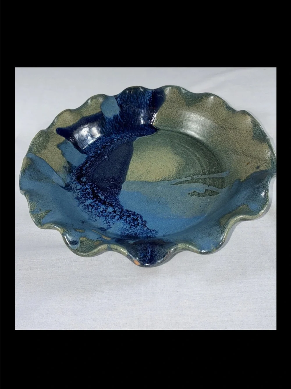Vintage Studio Pottery Scalloped Stoneware Pie Dish Blue Glaze Signed 10 1/2”w